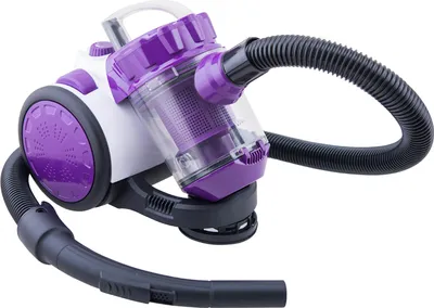A white and purple bagless cylinder vacuum cleaner with a black hose and nozzle, shown against a white background.