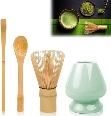 Image de Set de préparation du matcha avec cuillères et récipient bleus