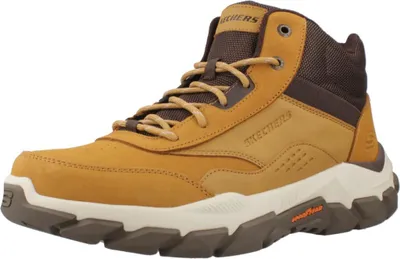 A single brown and tan hiking boot is shown against a white background.