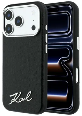 Immagine prodotto di Custodia per iPhone 18 Pro Max / 17 Pro Max, Karl Lagerfeld, motivo Saffiano, logo metallico "Small Script" con tecnologia MagSafe, colore nero