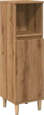 A tall, narrow cabinet with a wood grain finish and four legs.