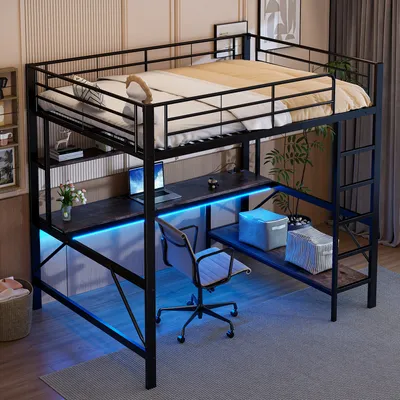 Zdjęcie produktu dla Łóżko na poddaszu dla dzieci z barierką, USB, gniazdkiem, oświetleniem LED, biurkiem i półką, metalowe, 140x200 cm, czarne