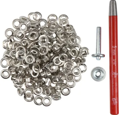 Produktbild von Großpackung Ösen 5 mm Inhalt 100 Stück + Locheisen + Ösenwerkzeug silbern - Metallösen - Planenösen - Ösen für Zelte - Ösen Set - Ösen Set mit Werkzeug