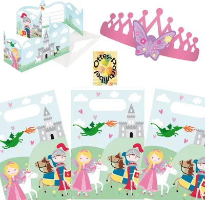 Produktbild von Prinzessin-Party-Set Erweiterung für 8 Gäste Einladungen - Mitgebseltüten - Partykrönchen