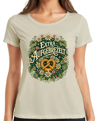Productafbeelding van Oktoberfest-broodje met extra toppings, Edelweiß-motief, lederen broek, traditionele kleding voor dames (Dirndl), dames T-shirt, natuurlijke kleur, maat S