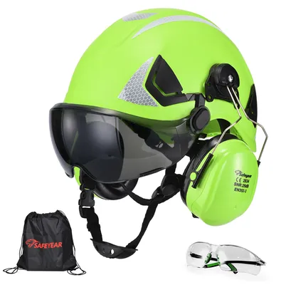 Produktbild von SAFEYEAR 3-in-1 Sicherheitshelm mit Visier & Gehörschutz–EN397 er Bauhelm Forsthelm mit Ratschen-Verschluss, Hi-Vis Streifen für Baustelle, Forst, Kettensäge (53-64cm)