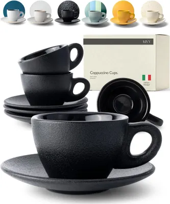 Cappuccino-Tassen Set 4x180 ml, Steinzeug, schwarz, mit Untertassen