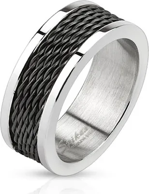 Produktbild von Herren Ring Edelstahl Herrenring Stahlseil Draht Multi Wire Kette Inlay schwarz-silber 59 - Ø 18,95 mm