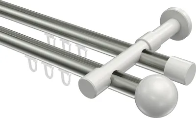 Produktbild von Interdeco Innenlaufstange / Gardinenstange mit Innenlauf Edelstahl-Optik / Weiß, Typ Prestige Luino (Kugel), 20 mm Ø 2-läufig, 480 cm