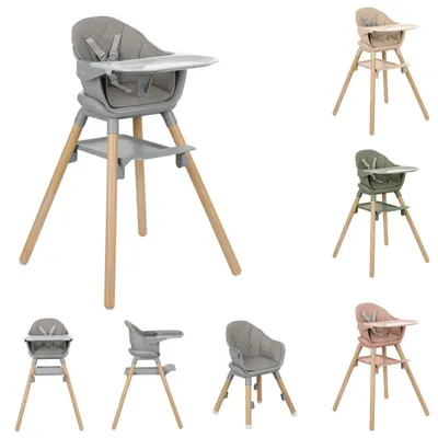 Produktbild von Kikkaboo Kinderhochstuhl Woody 3 in 1 Holzbeine Kinderstuhl Fußstütze Tablett grau