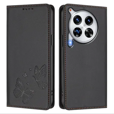 Image de Étui en cuir pour Tecno Camon 30 Premier, motif papillon, étui à rabat avec porte-appareil, noir