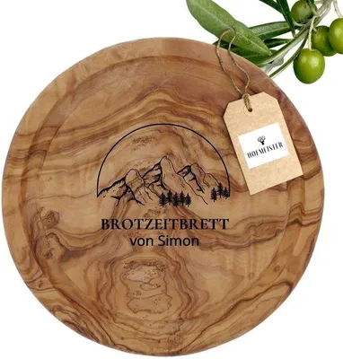 Produktbild von Brutbrett mit Gravur – Olivenholz, rund, 20 cm Durchmesser