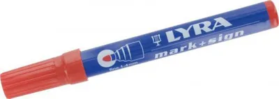 A red and blue LYRA permanent marker is shown against a white background.
