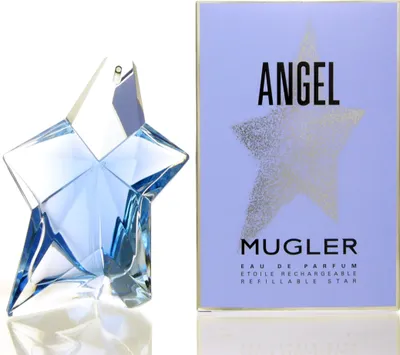 A perfume bottle and its packaging are displayed side-by-side against a white background.