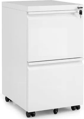 Productafbeelding van Afsluitbare metalen ladecontainer, archiefkast onder het bureau, kantoorkast met 2 lades en een archiefgedeelte voor documenten, metalen kast met 5 wielen, 44 x 37 x 67 cm (wit)