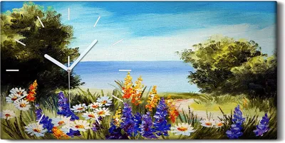 Produktbild von Wohnzimmer-Bild Leinwand Uhr 60x30 Ölgemälde Blumen Bäume Meer Himmel Kunst - weiße Hände
