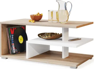 Produktbild von All4All Couchtisch Logo , kleiner Kaffeetisch , Wohnzimmertisch , Sofatisch mit Ablagen , Sofatisch , 90x50cm , 05 , Sonoma Eiche + Weiß