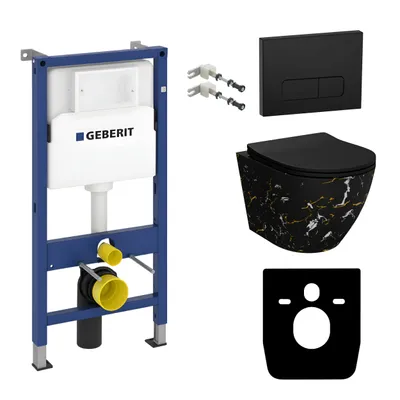 Produktbild von DOMINO Geberit Duofix Basic Vorwandelement + Wand-WC Tiefspül Sofi Slim Becken Fire Spülrandlos + Schwarz Bedienplatte Delta 25 für Doppelspülung |Set
