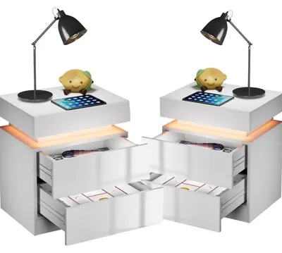 Immagine prodotto di Set di due comodini con illuminazione a LED, 2 cassetti, colore bianco, dimensioni 45x35x52 cm