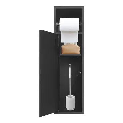 A tall, narrow black cabinet with its door open, revealing bathroom items inside.