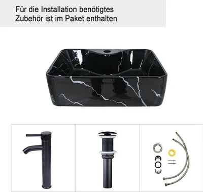 Obrázek produktu pro Puluomis Umyvadlo Keramické umyvadlo na desku Umyvadlová mísa Obdélníková s baterií Odpadní armatura Černé zlato Koupelnové umyvadlo Vhodné do koupelny