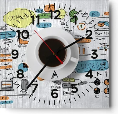 Produktbild von Wanduhr - Quadrat - Glasuhr - Kaffee Morgen Tasse Frühstück - 40x40cm - Schleichendes Uhrwerk - Lautlos - zum Aufhängen bereit - Dekoration Modern - Wanddekoration aus Glas - C4AC40x40-2481