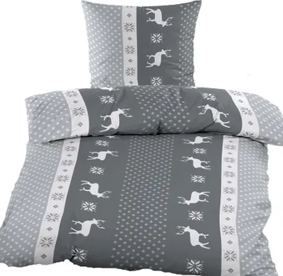 Produktbild von Biber Winter Bettwäsche 135 x 200 + 80x80 cm, grau weiß, Streifen/Hirsche, 100% Baumwolle