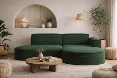 A modern living room with a dark green sectional sofa, coffee table, and floor lamp.