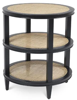 Obrázok produktu pre Casa Padrino luxusný stolík čierna / prírodné farby Ø 55 x v. 64 cm - Okrúhly stolík z masívneho dreva s ratanovým výpletom - Nábytok do obývačky - Luxury Collection