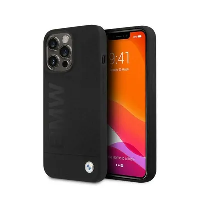 A black iPhone case with the BMW logo is shown next to an iPhone.