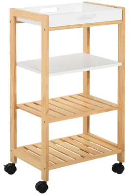 Produktbild von HOMCOM Küchenwagen Servierwagen mit Ablage Abnehmbares Tablett Kiefer Weiß+Natur