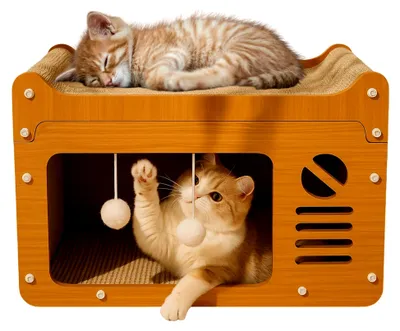 Produktbild von Katzenhaus aus Karton mit Kratzpappe - Katzenhöhle für drinnen, nachhaltiges Kratzmöbel und Spielhaus für Katzen