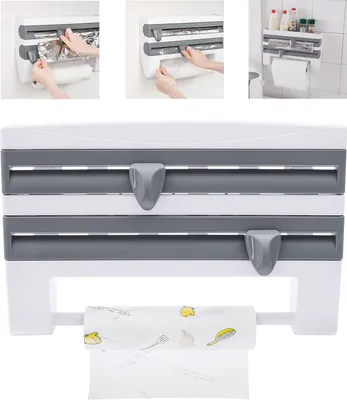 Produktbild von Küchenrollenhalter 4 in 1 Wandrollenhalter Klarsichtfolie Schneidabroller Handtuchhalter Grau 39x10x24cm