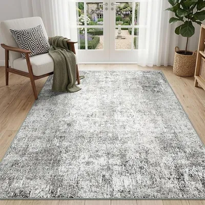 Imagen del producto de Alfombra para sala de estar, 120 x 180 cm. Alfombra de pelo corto con diseño abstracto y base antideslizante. Lavable, ideal para dormitorios y oficinas en casa, color gris y blanco