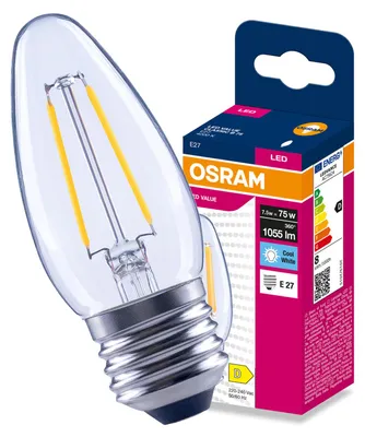 Immagine prodotto di Lampada LED E27, marca Œwieczka, modello B35, 7,5W (equivalente a 75W), 1055 lumen, 4000K (luce neutra), angolo di illuminazione 300°, tecnologia Filament, marca Osram, Immagine generata dall'IA