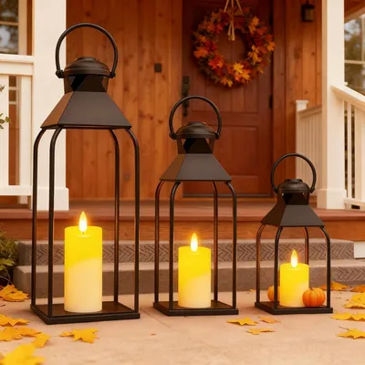 Produktbild von Metallische Laternen für Innen- und Außenbereich, Set mit 3 Stück, schwarze Gartenlaternen, ohne Glas, dekorative Kerzenlaternen für Wohnzimmer, Terrasse, Balkon, Weihnachten