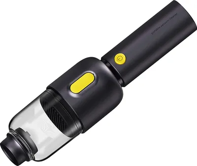 A black and transparent handheld vacuum cleaner with yellow buttons, shown against a white background.