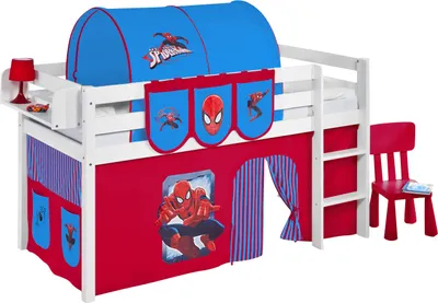 Produktbild von Lilokids Spielbett JELLE 90 x 190 Spiderman - weiß - mit Vorhang und Lattenrost - , Maße: 198 cm x 113 cm x 98 cm; T-JELLE2054KW-SPIDERMAN-190
