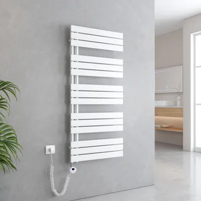 Zdjęcie produktu dla EMKE Suszarka do ręczników Elektryczny asymetryczny grzejnik łazienkowy z termostatem czasowym Podgrzewacz ręczników 1320 x 600 mm Biały grzejnik łazienkowy z prętem grzewczym 800 W