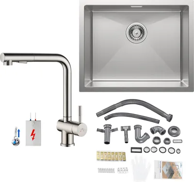 Produktbild von Auralum Spülbecken Edelstahl, Spüle Küche 1 becken 55x44 cm + Ausziehbare Küchenarmatur, für ab 60er Unterschrank - Gebürstet