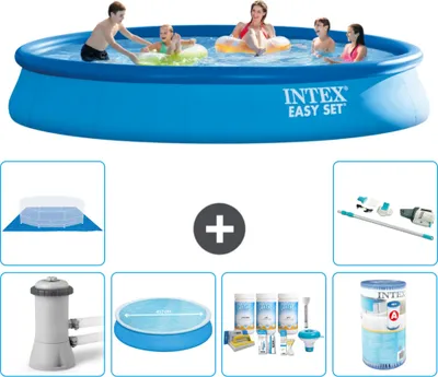 Produktbild von Intex runder aufblasbarer Easy Set-Schwimmpool – 457 x 84 cm – Blau – inklusive Pumpe Sonnensegel - Wartungspaket - Filter - Bodenplane - Staubsauger
