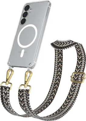 Produktbild von EAZY CASE - Handykette mit MagSafe Hülle für Samsung Galaxy S25, Handyband ZigZag Style,Karabiner Gold, Umhängeband in Grau