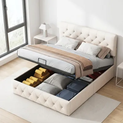 Produktbild von INONEFT Polsterbett 140x200 cm mit Stauraum, Doppelbett mit Lattenrost und Verstellbares Kopfteil, Stauraumbett, Boxspringbett, Samt, Aprikose