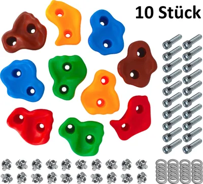 A collection of colorful climbing holds and hardware against a white background.