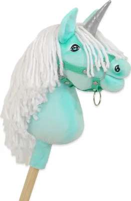 Immagine prodotto di Cavallo unicorno su bastone, piccolo, color menta, con criniera bianca e corno argentato