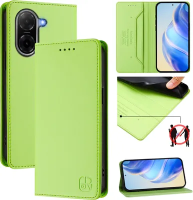 Collage of images showing a green phone case from different angles and with different features highlighted.