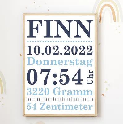Produktbild von Geburtsposter personalisiert | minimalistisch Babyposter modern Kinderzimmer Wandbild Kinderposter – Digital (Versand per Mail) / Blau