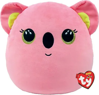 A pink koala plush toy with large, glittery eyes and yellow inner ears.