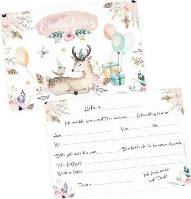 Produktbild von 10 Einladungskarten Reh Hirsch Luftballon Geschenke inkl. 10 transparenten Briefumschlägen Kindergeburtstag Mädchen Einladung