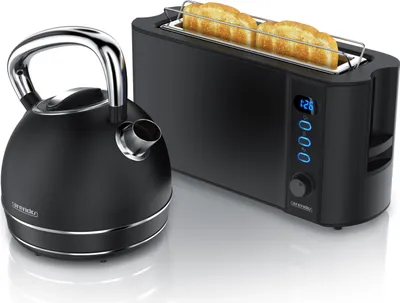 Produktbild von Arendo Frühstücks-Set, Wasserkocher Edelstahl 1,7l, 2 Scheiben Langschlitztoaster, Toaster 2 Scheiben, Frühstücksset, Wasserkocher Retro, 2200W, Brötchenaufsatz, schwarz